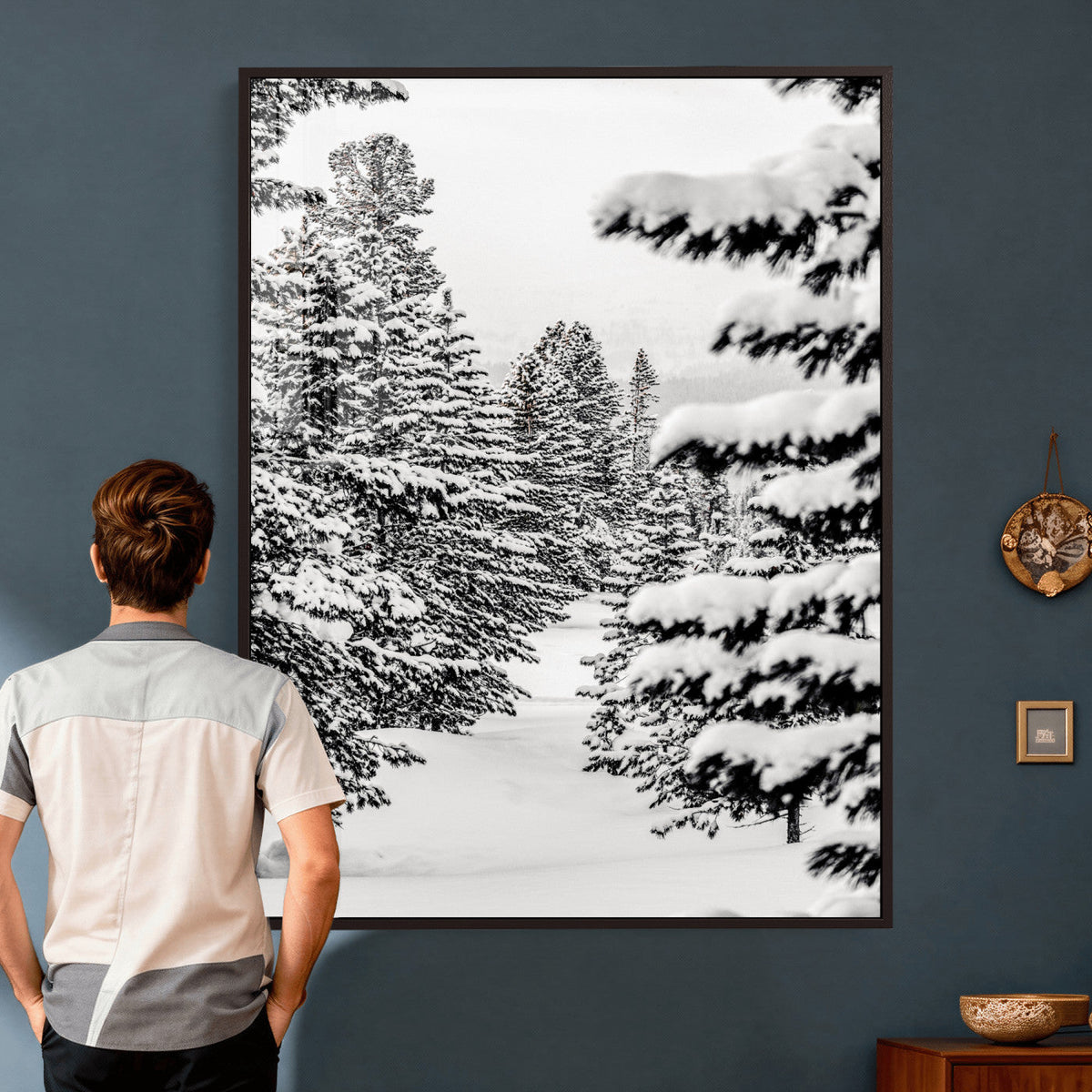 Winter Pine Forest Wall Art Canvas Print, Minimal Winter Landscape