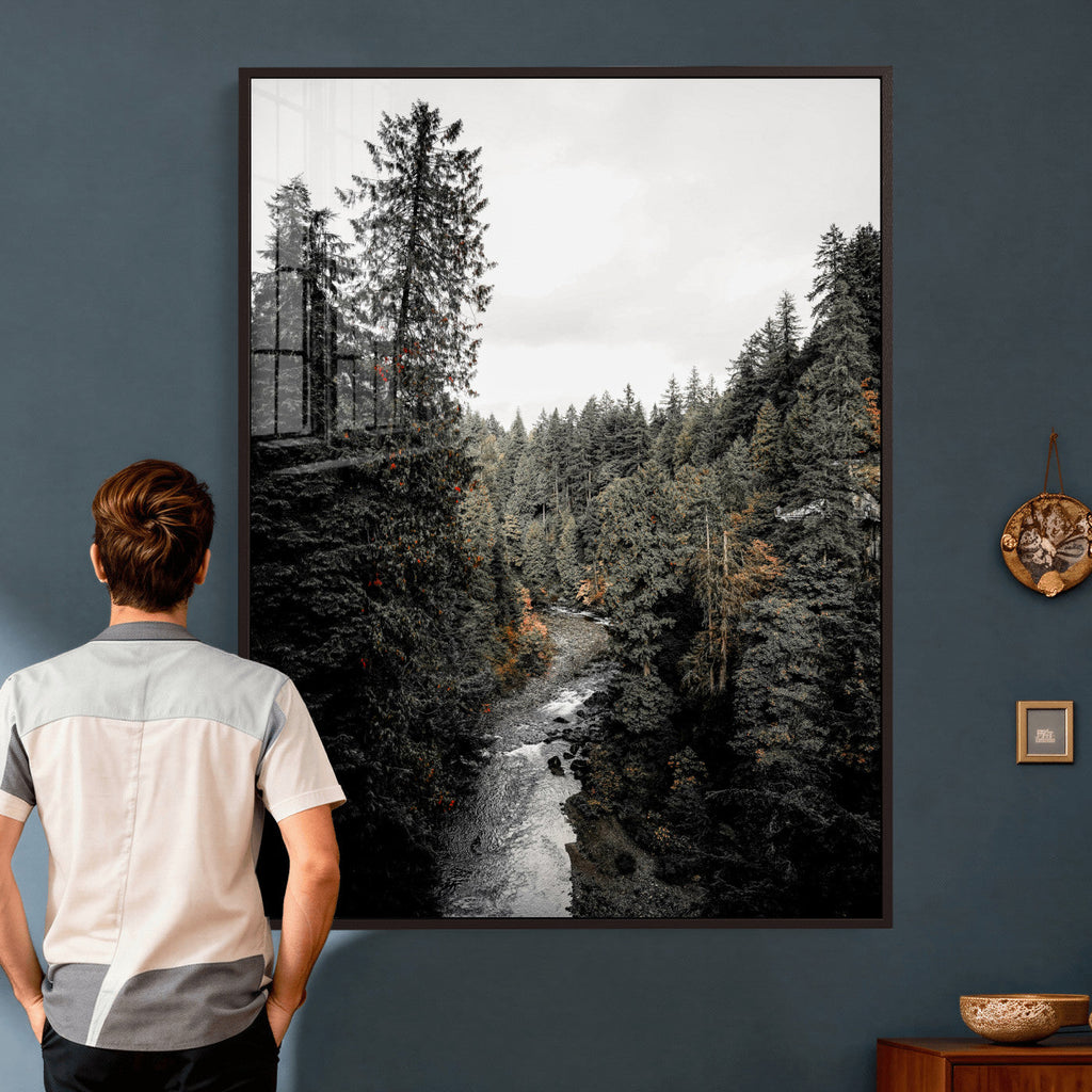 Moody Forest River Wall Art Canvas Print | Dark Evergreen Landscape