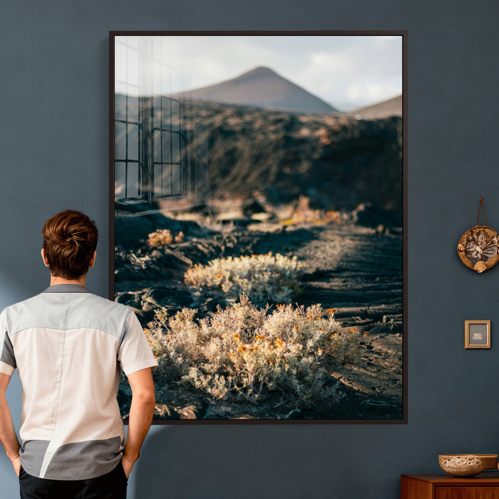 Desert Wall Art Canvas Print, Volcanic Landscape with Soft Wildflowers
