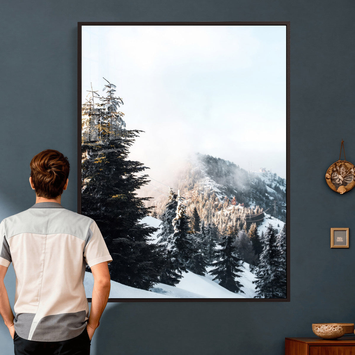 Snowy Mountain Forest Wall Art Canvas Print, Winter Pine Landscape