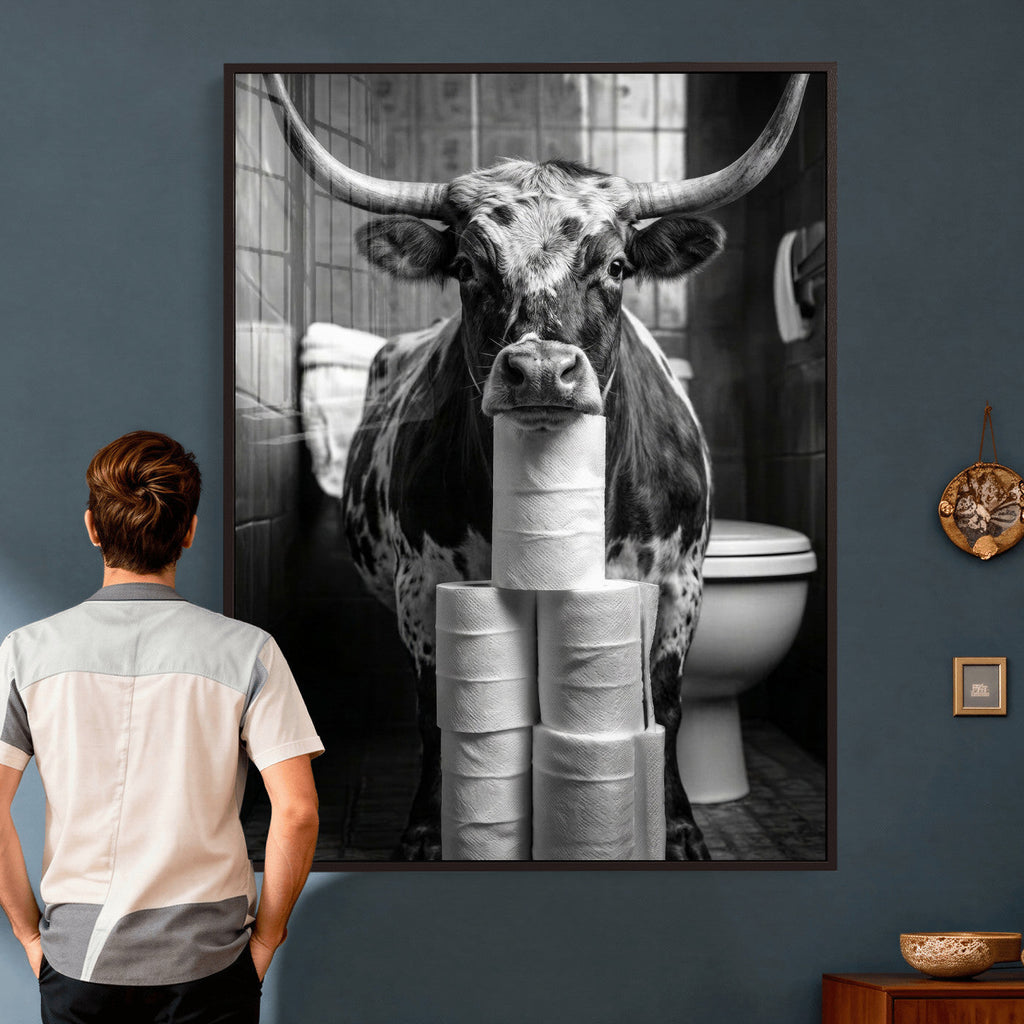 Texas Longhorn Cow Toilet Paper Canvas Wall Art, Funny Bathroom Decor