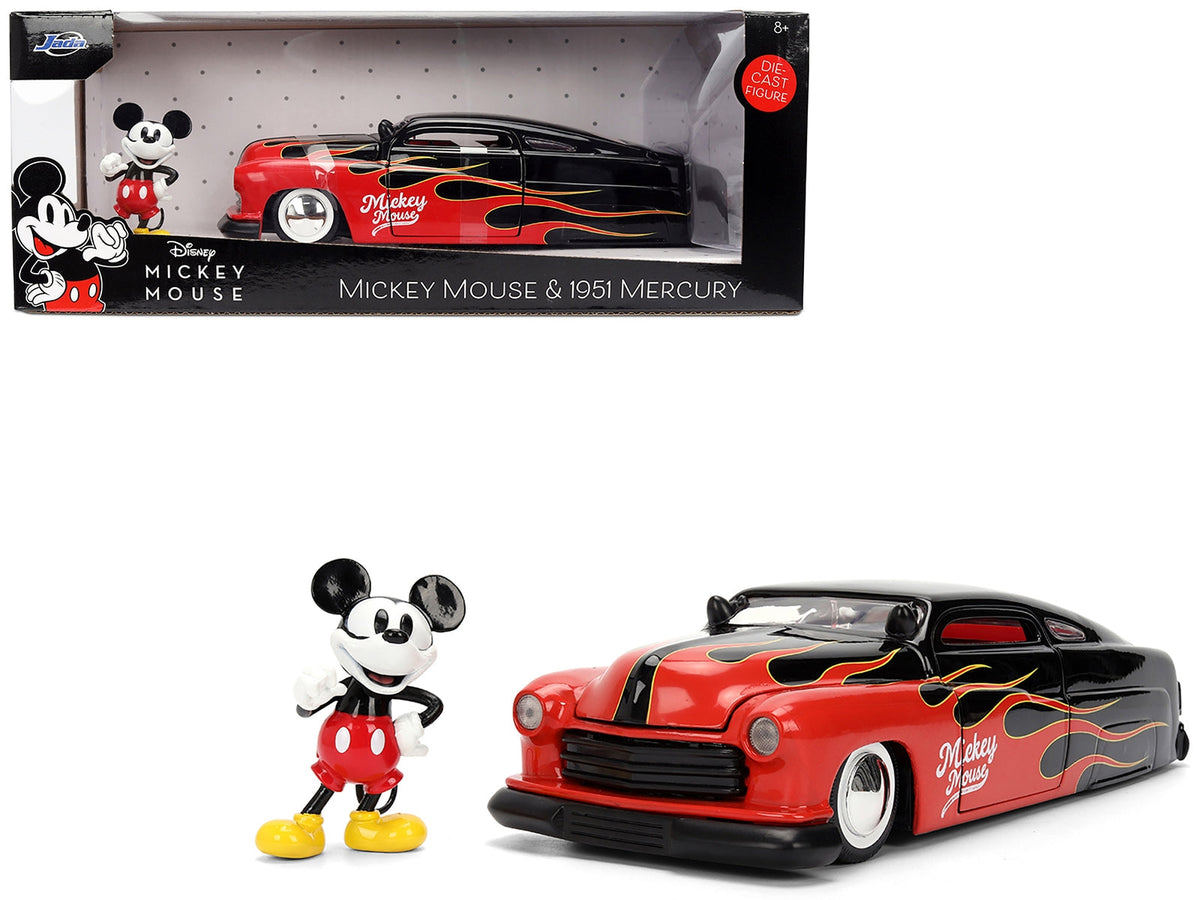 1951 Mercury Coupe Black with Flame Graphics and Red Interior and Mickey Mouse Diecast Figure "Disney's Mickey Mouse" "Hollywood Rides" Series 1/24 Diecast Model Car by Jada