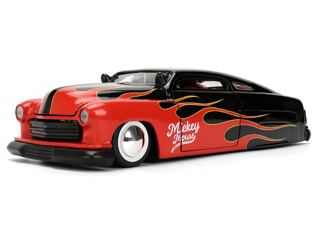 1951 Mercury Coupe Black with Flame Graphics and Red Interior and Mickey Mouse Diecast Figure "Disney's Mickey Mouse" "Hollywood Rides" Series 1/24 Diecast Model Car by Jada