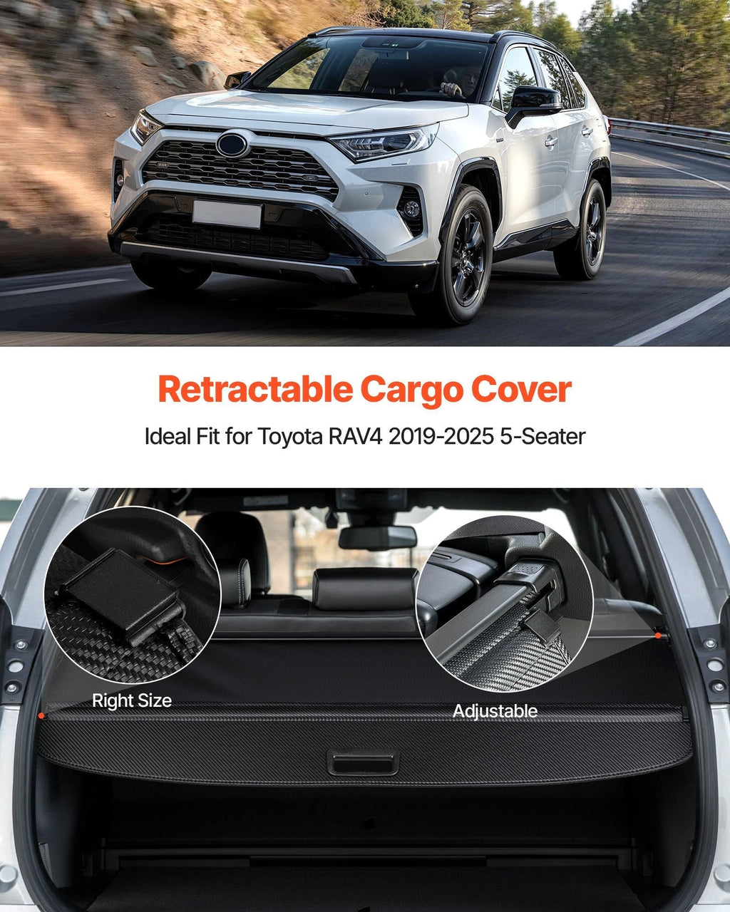 Retractable Cargo Cover, Upgraded Carbon Fiber Texture Trunk Cover, Anti-Peeping Luggage Privacy Shield, Easy Installation Security Shade Car Accessories, for Toyota RAV4 2019-2025 5-Seater