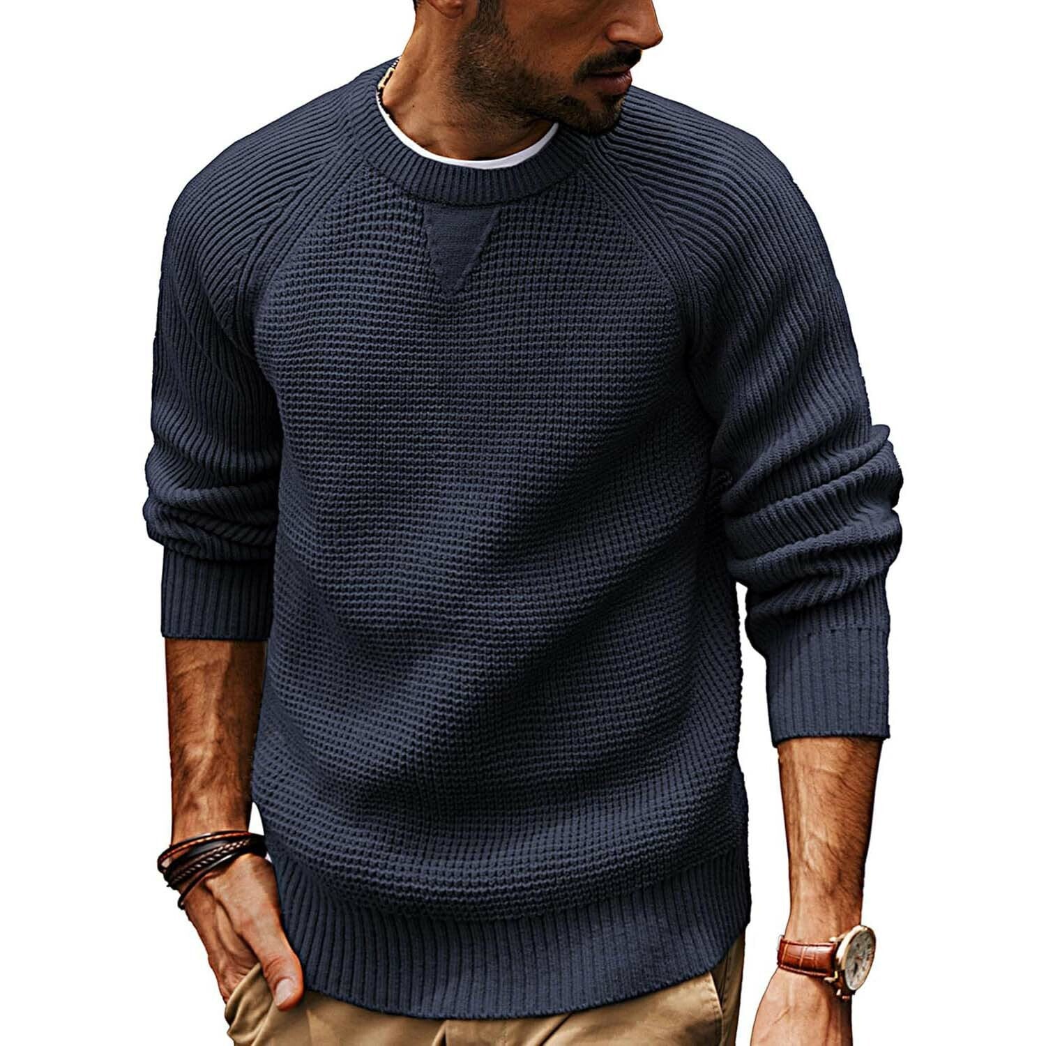 Crewneck Waffle Knit Sweater // Dark Blue