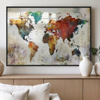 Watercolor World Map Canvas Print | Framed Travel Map Wall Art for Couples