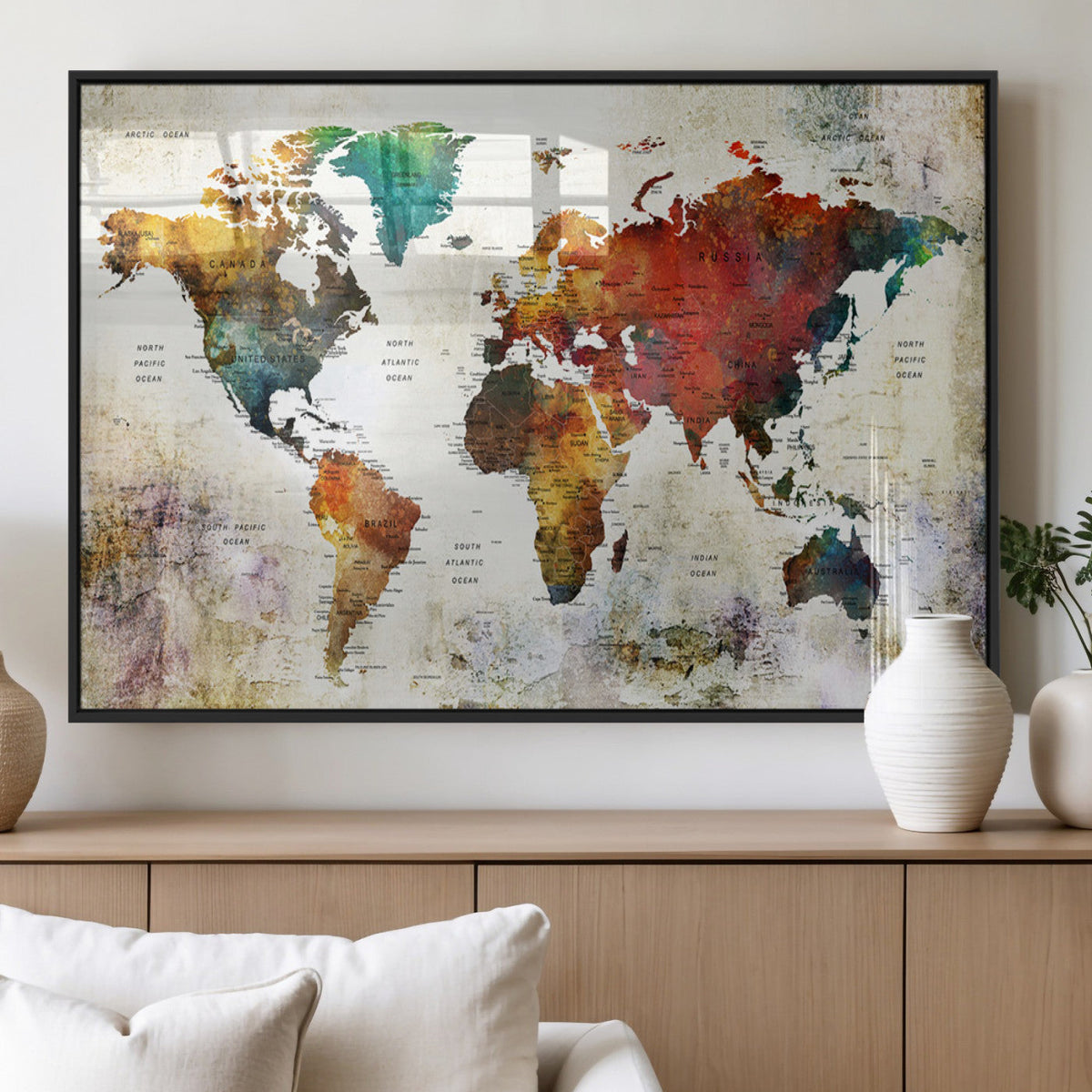 Watercolor World Map Canvas Print | Framed Travel Map Wall Art for Couples