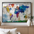 Navy Blue and Orange Watercolor World Map Canvas Print | Framed Travel Map