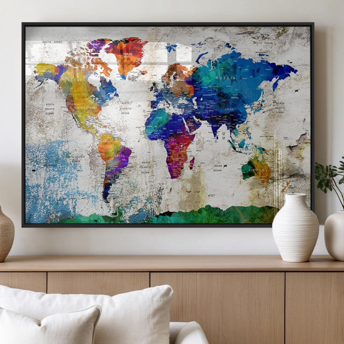 Navy Blue and Orange Watercolor World Map Canvas Print | Framed Travel Map