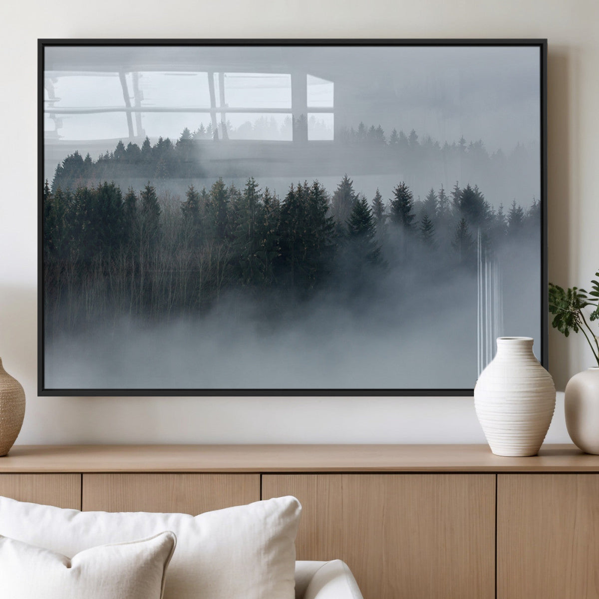 Autumn and Misty Trees in the Forest Wall Art Canvas Print, Foggy Forest Mountain Wall Art