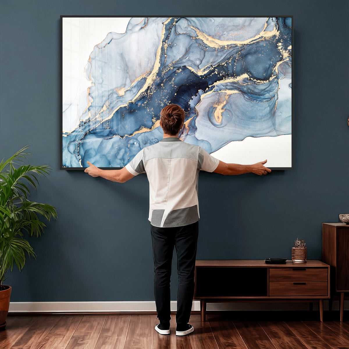 Blue Abstract Canvas Wall Art Print | Fluid Marble Effect Abstract Art