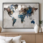 Abstract Earth Tone Blue World Map Canvas Print | Framed Travel Map Wall Art