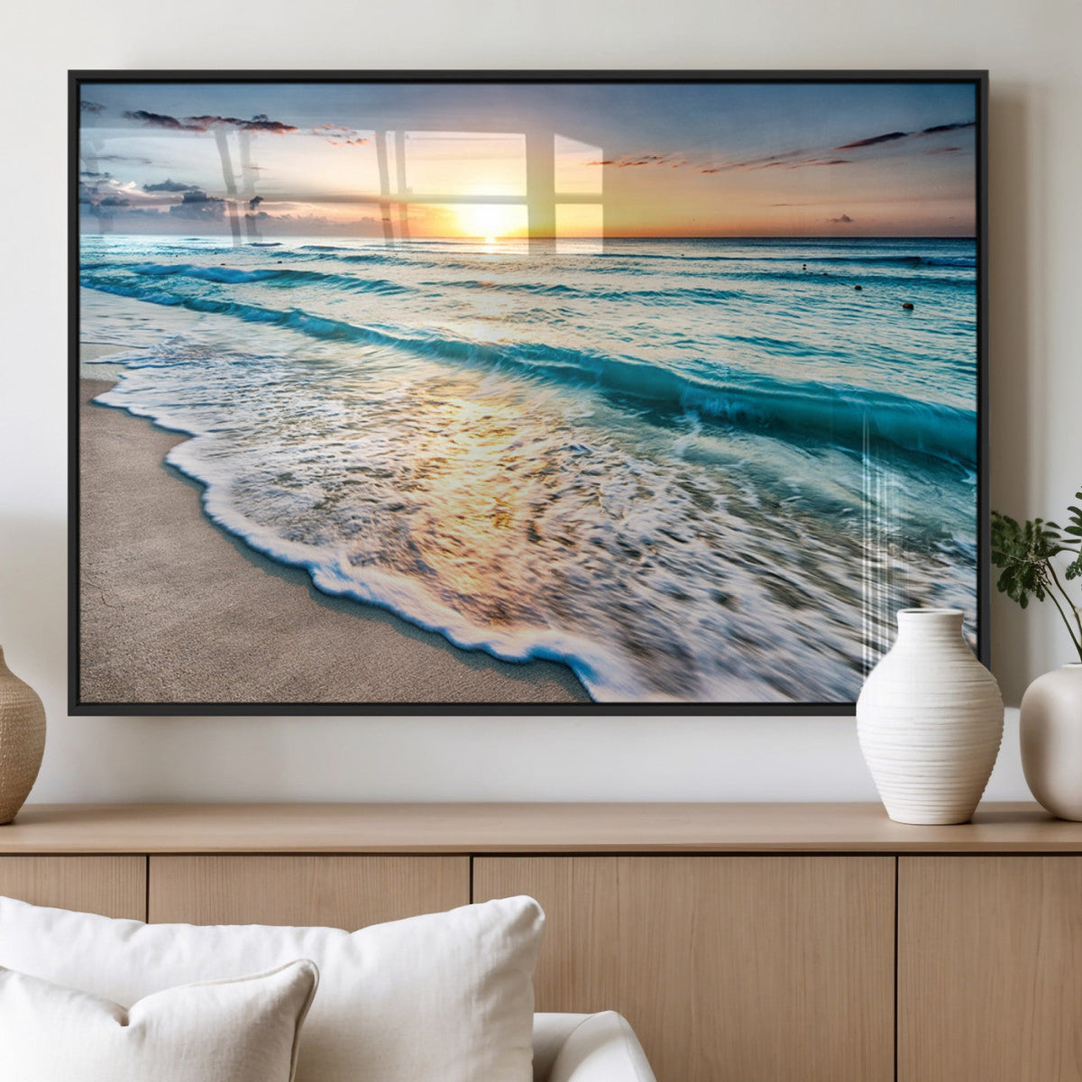 Sunset Beach Waves Canvas Wall Art | Ocean Sunset Coastal Print