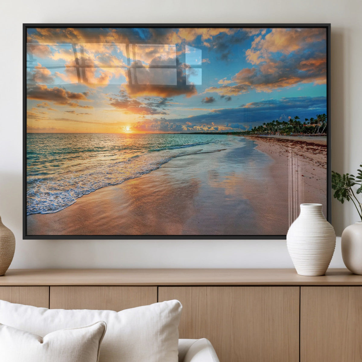 Sunset Beach Canvas Wall Art | Tropical Triptych Seascape Print