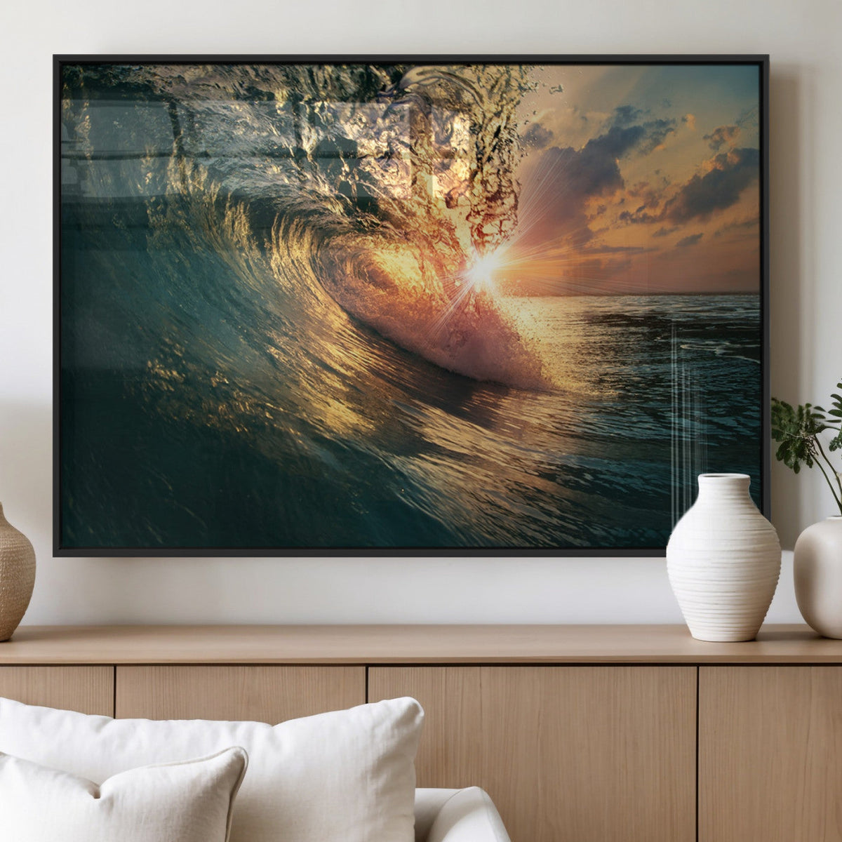 Ocean Wave Sunset Canvas Wall Art | Triptych Seascape Print