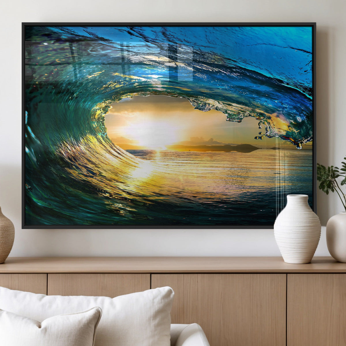 Ocean Wave at Sunset Canvas Art, Large Wall Print of Vibrant Surfing Wave