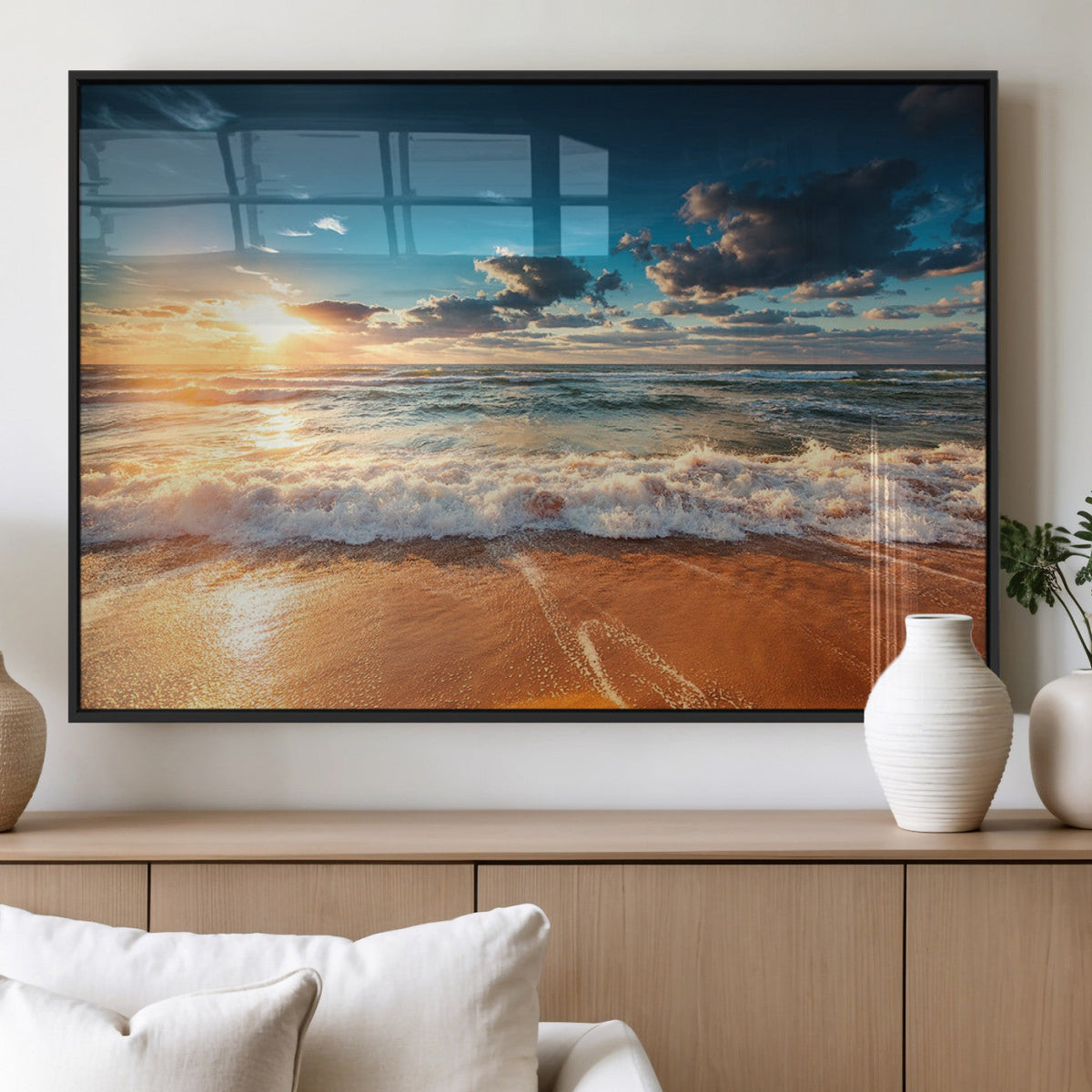 Golden Sunset Beach Triptych Canvas Art, Giclee Coastal Wall Decor, Ocean Waves Print