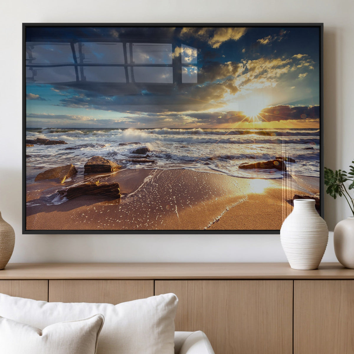Golden Hour Beach Sunset Canvas Triptych, Ocean Waves and Rocks Wall Art