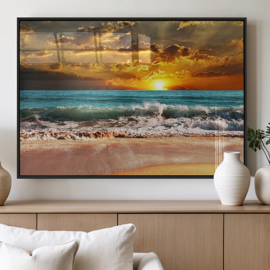 Golden Sunset Beach Canvas Wall Art | Triptych Seascape Print, Framed and Ready to Hang