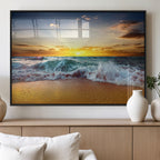 Golden Sunset Ocean Waves Wall Art Canvas Print | Multi Panel Beach Canvas Set, Coastal Triptych
