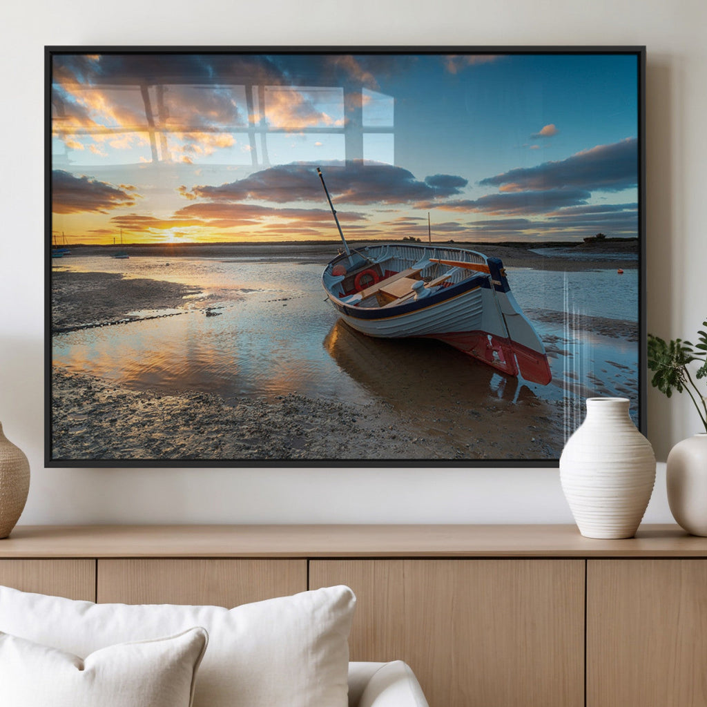 Small Boat At The Beach Sunset Wall Art, Boat Sunset Wall Art Canvas Print