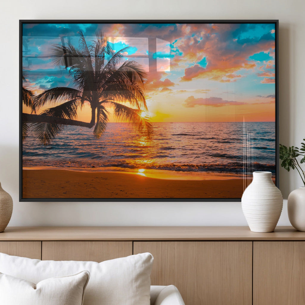 Palm Tree Sunset On The Beach Wall Art Canvas, Framed Palm Tree Sunset Canvas Print