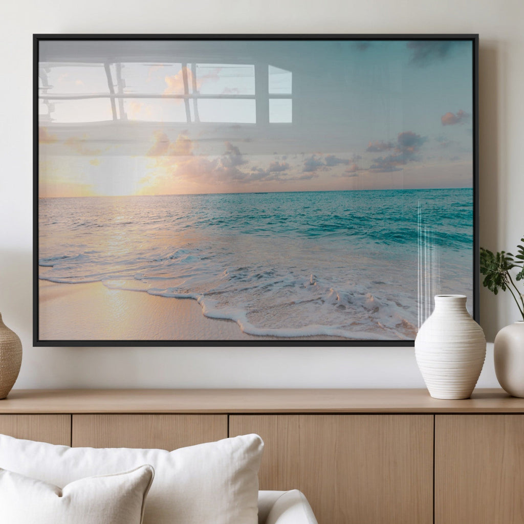 Tranquil Ocean Beach Sunset Canvas Wall Art | 3-Panel Coastal Decor