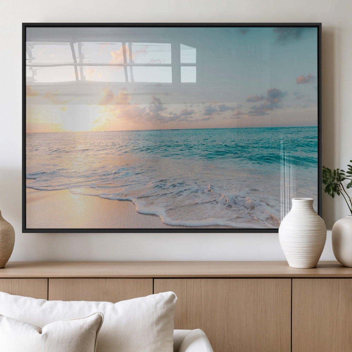 Tranquil Ocean Beach Sunset Canvas Wall Art | 3-Panel Coastal Decor