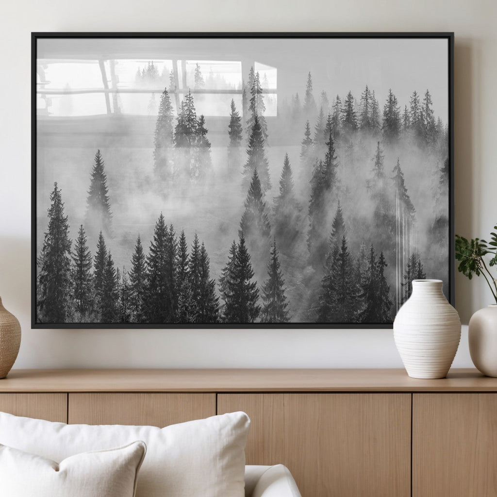 Forest Wall Art Print | Foggy Pine Forest Canvas Wall Art, Black and White Nature Decor