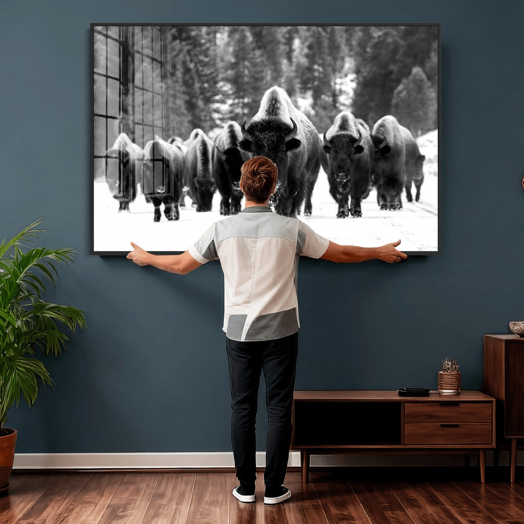 Bison Herd in Snow Wall Art Canvas Print | Rustic Western Bison Wall Art for Living Room and Farmhouse Decor
