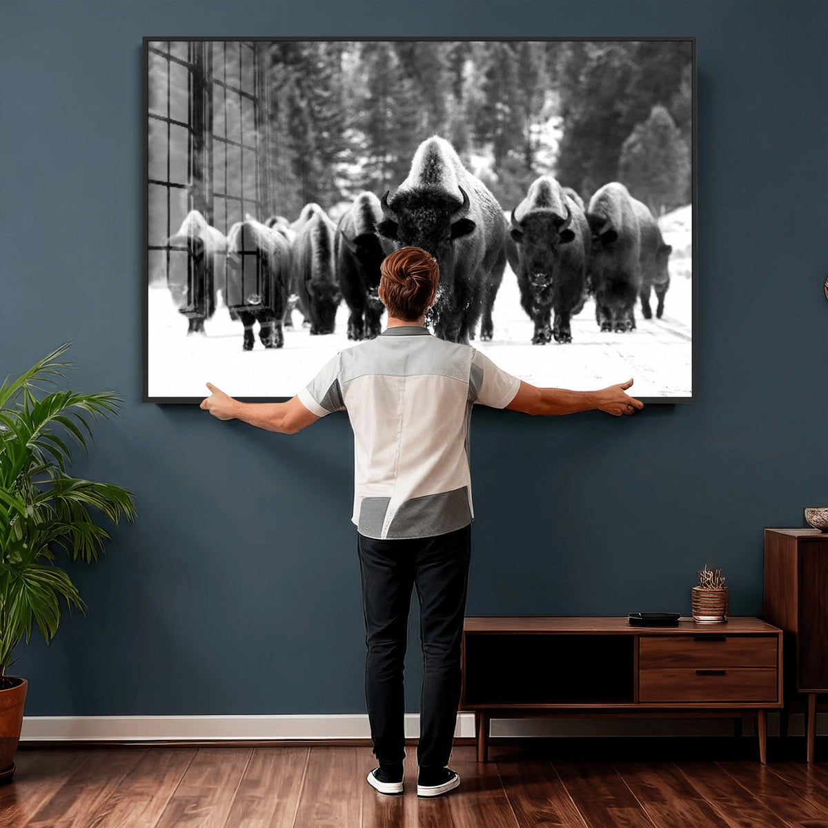 Bison Herd in Snow Wall Art Canvas Print | Rustic Western Bison Wall Art for Living Room and Farmhouse Decor