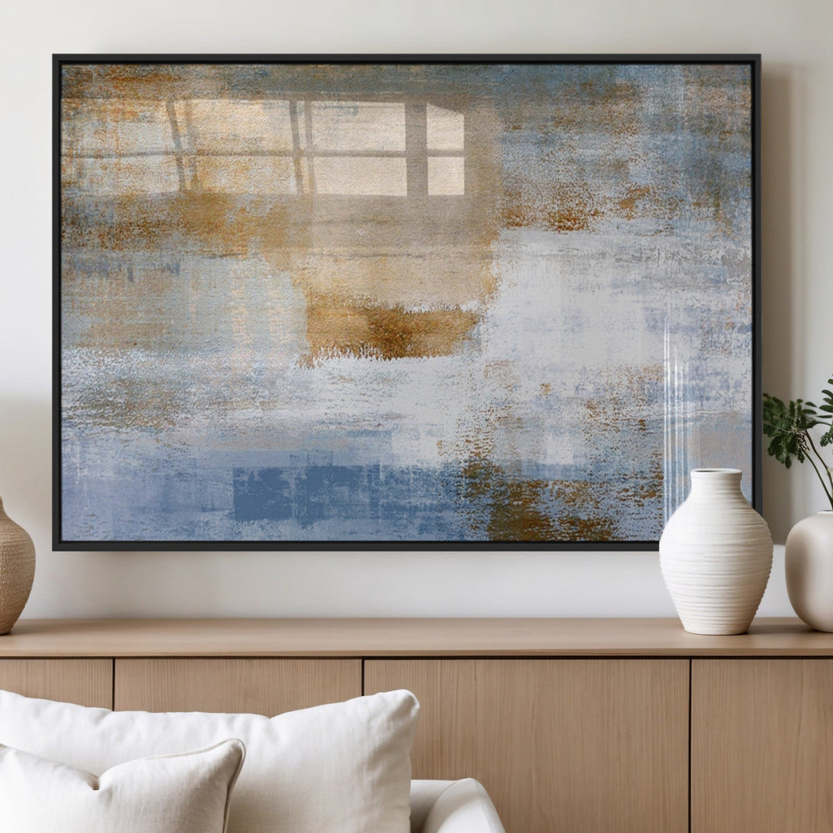 Blue Multi Panel Abstract Wall Art Canvas, Abstract Blue and Gold Canvas Print