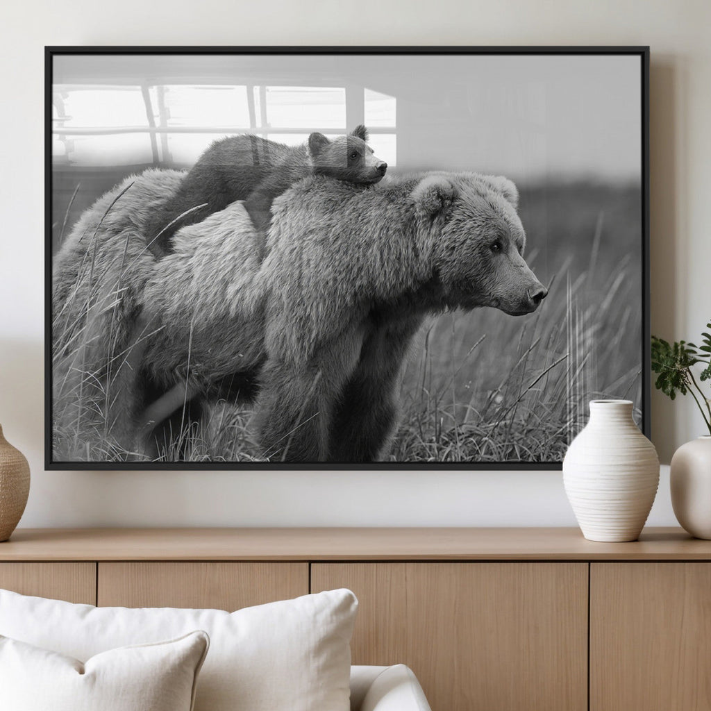 Bear and Cub Wall Art Canvas | Grizzly 399 Bear and Cub Black and White Wildlife Print