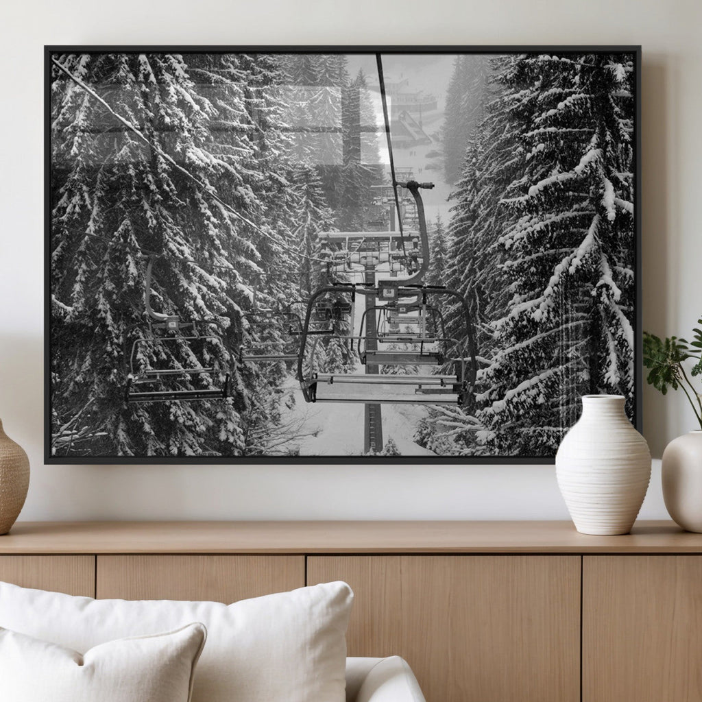Winter Ski Lift Black and White Canvas Wall Art | Alpine Escape in Minimalist Style