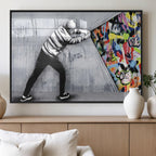 Banksy Art Behind the Curtain Street Wall Art Canvas Print | Urban Graffiti Style Wall Decor