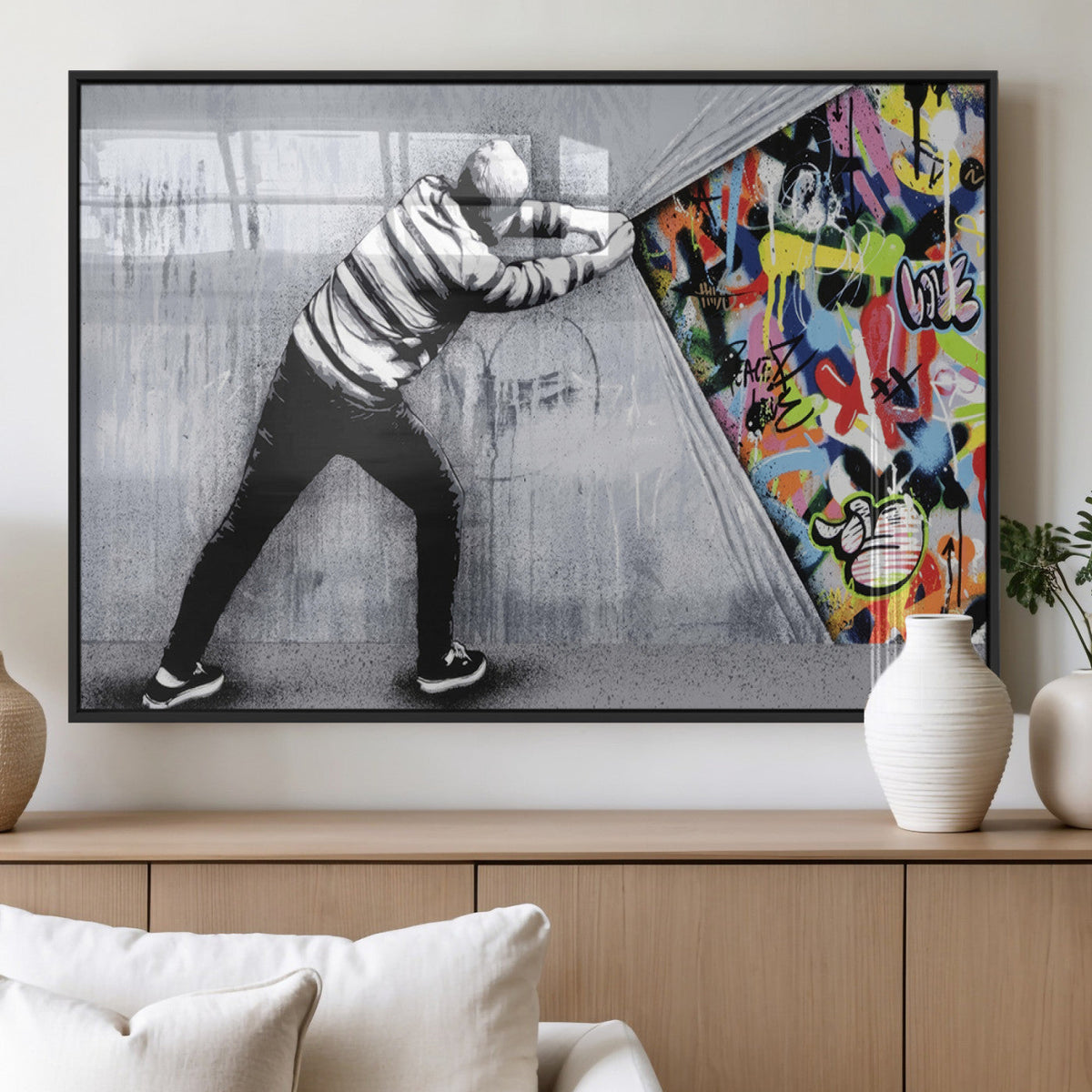 Banksy Art Behind the Curtain Street Wall Art Canvas Print | Urban Graffiti Style Wall Decor