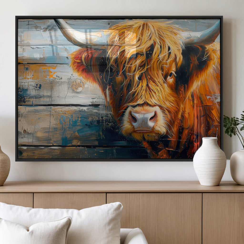 Highland Cow Abstract Canvas Wall Art, Bold Farmhouse Decor