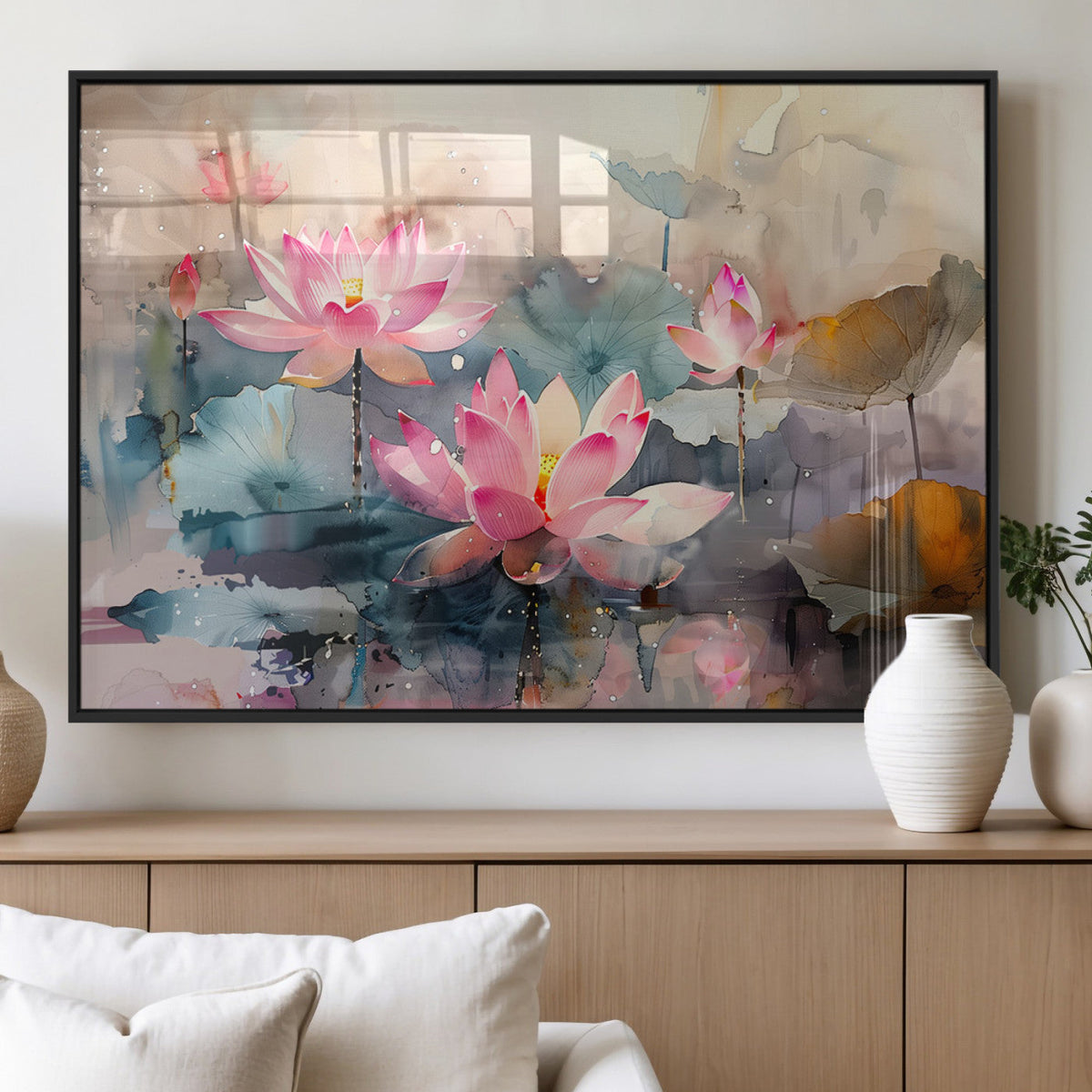 Lotus Flower Wall Art | 3 Panel Giclee Canvas Print of Pink Lotus Blossoms