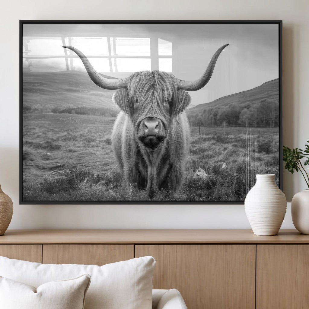 Black White Scottish Highland Cow Canvas Farm Wall Art