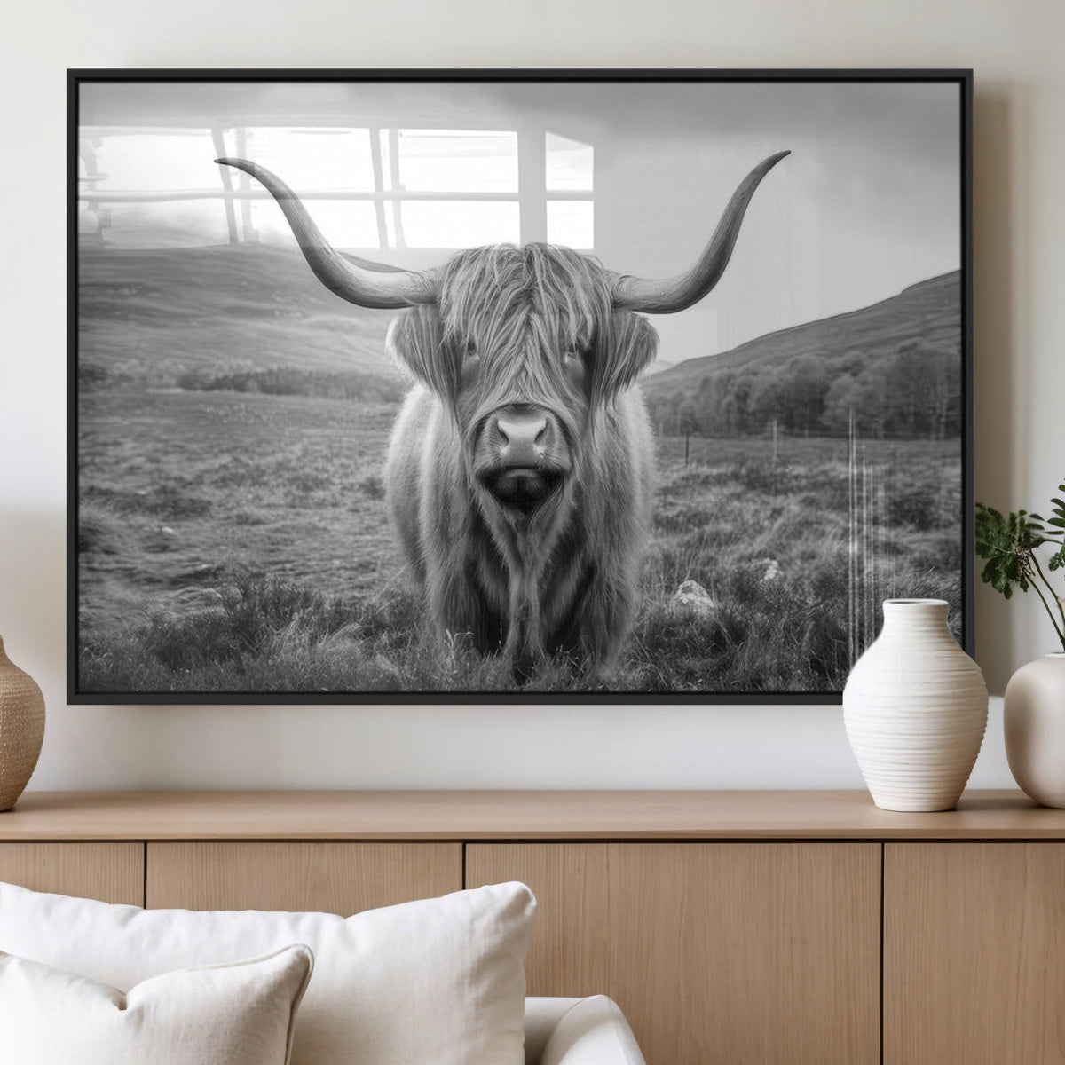 Black White Scottish Highland Cow Canvas Farm Wall Art