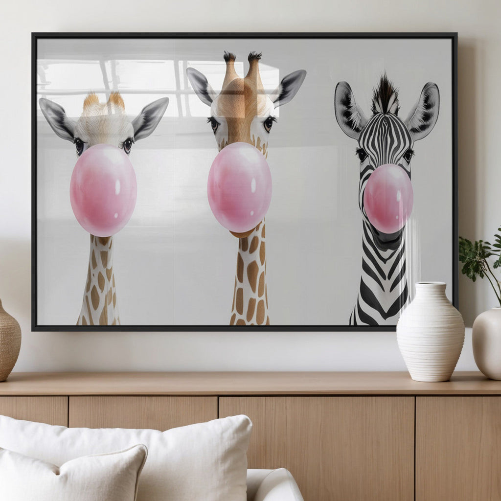 Bubblegum Animals Canvas Wall Art, Playful Giraffe and Zebra Trio, Whimsical Nursery and Kids Room Decor