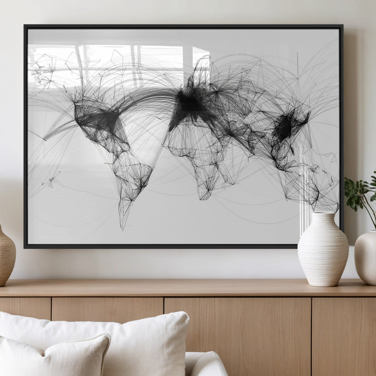 Abstract World Map Wall Art | Framed Geometric Line Canvas