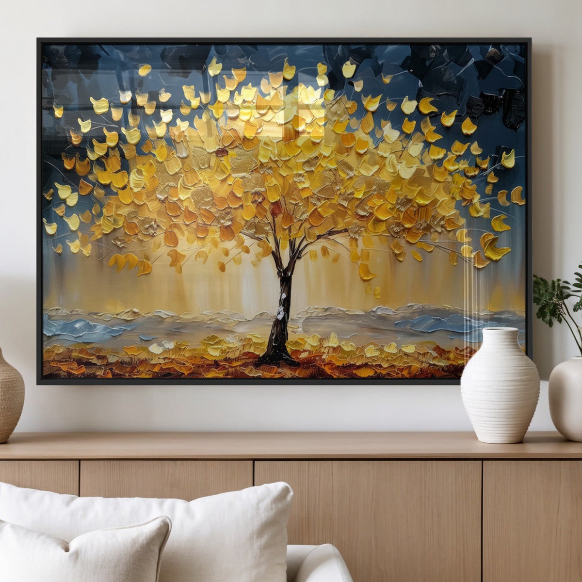 Golden Autumn Tree Wall Art | Framed Fall Leaves Canvas