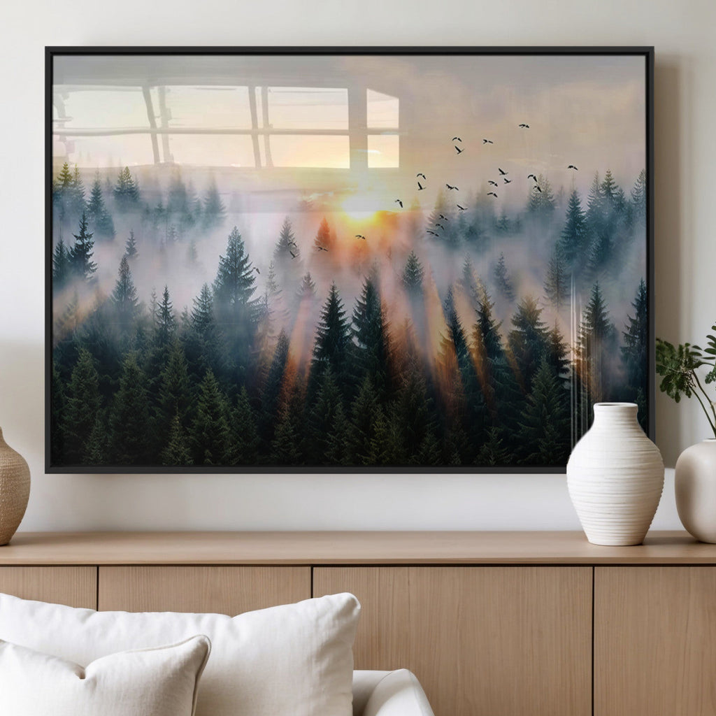Abstract Forest Wall Art, Serene Nature Canvas Print with Misty Forest Design for Modern Home Decor