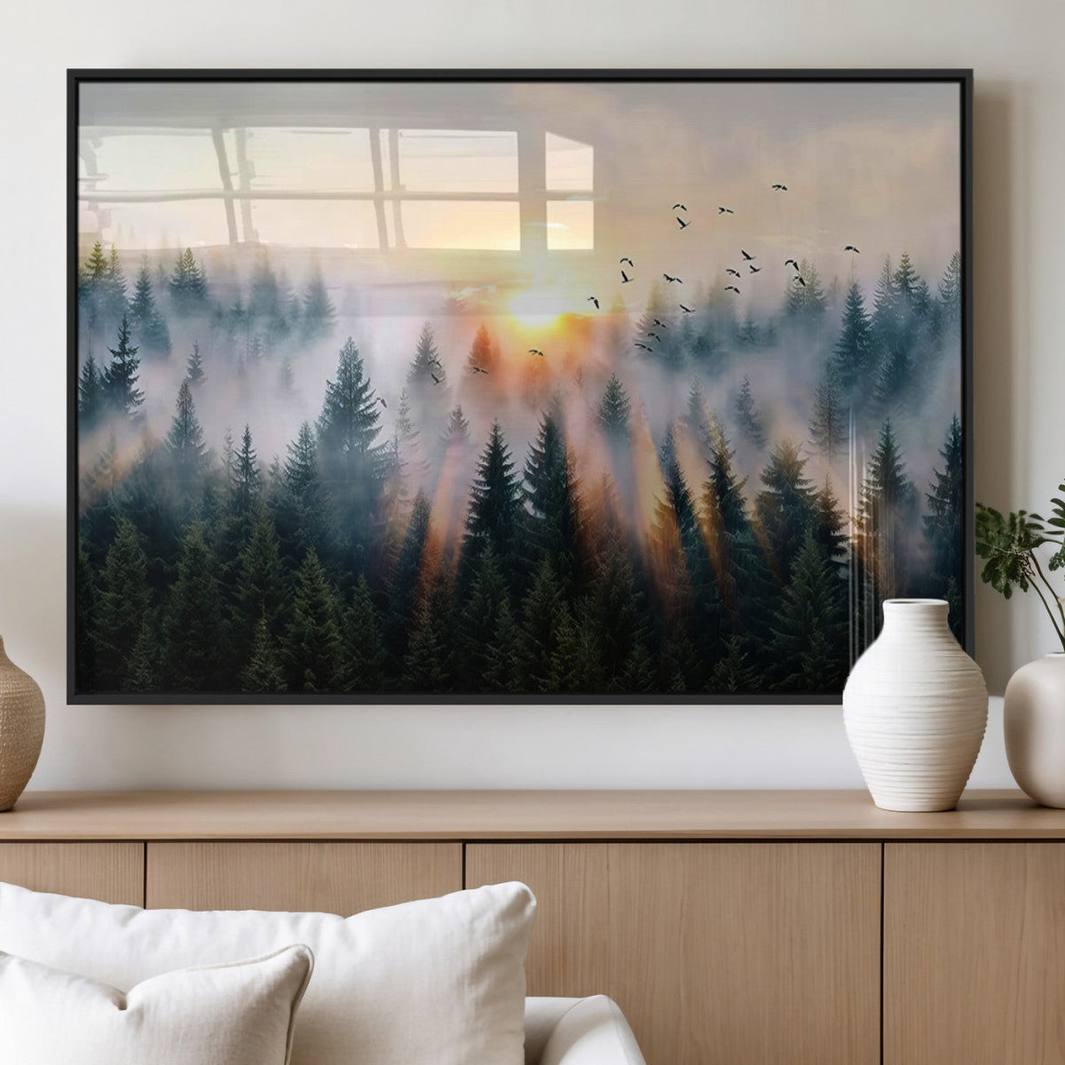 Abstract Forest Wall Art, Serene Nature Canvas Print with Misty Forest Design for Modern Home Decor