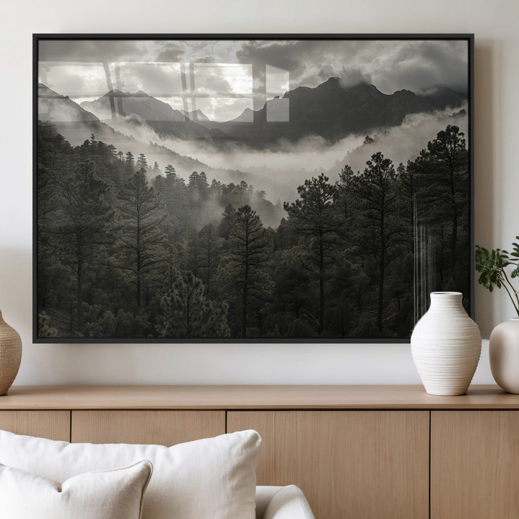 Moody Forest Wall Art | Framed Mountain Fog Canvas Artwork