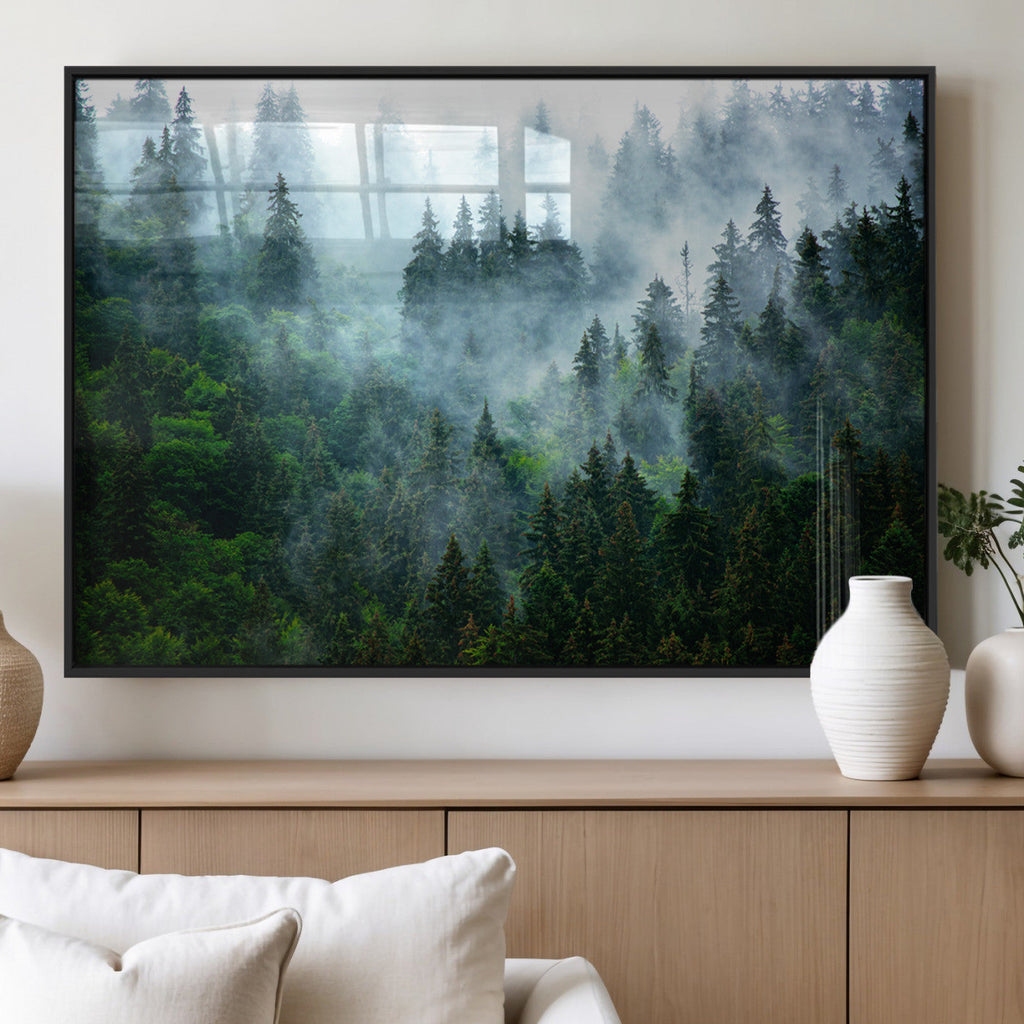 Misty Forest Wall Art Canvas Print, Framed Foggy Mountain Art, Large Scenic Woodland Canvas