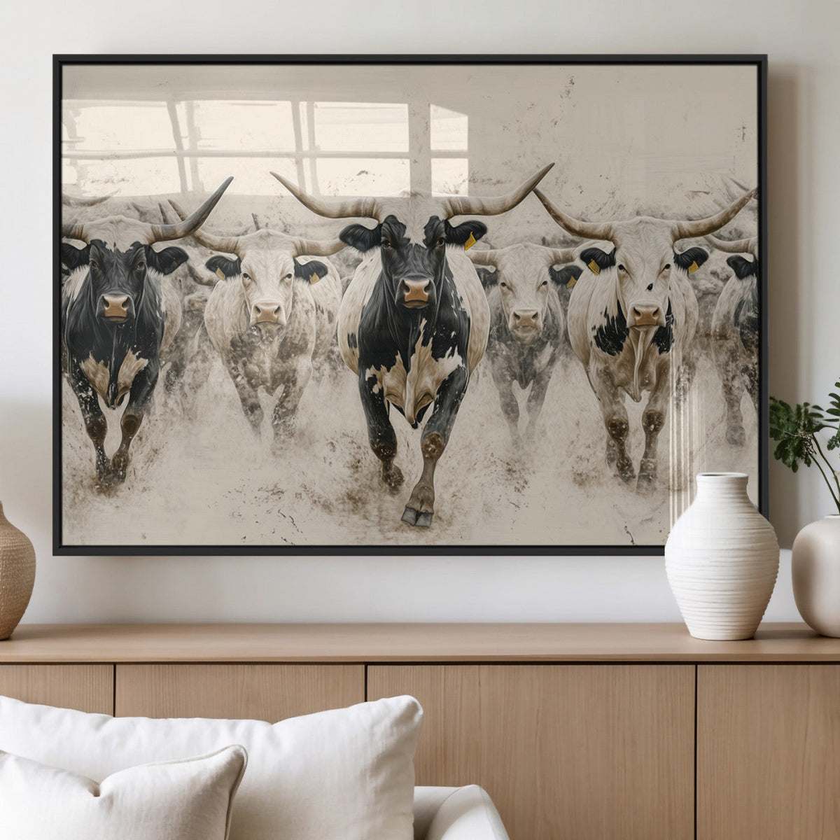 Texas Longhorn Wall Art | Framed Cattle Walking Canvas