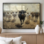 Texas Longhorn Wall Art | Framed Charging Cattle Canvas