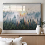 Misty Pine Forest Wall Art Canvas, Sunrise Over Foggy Trees